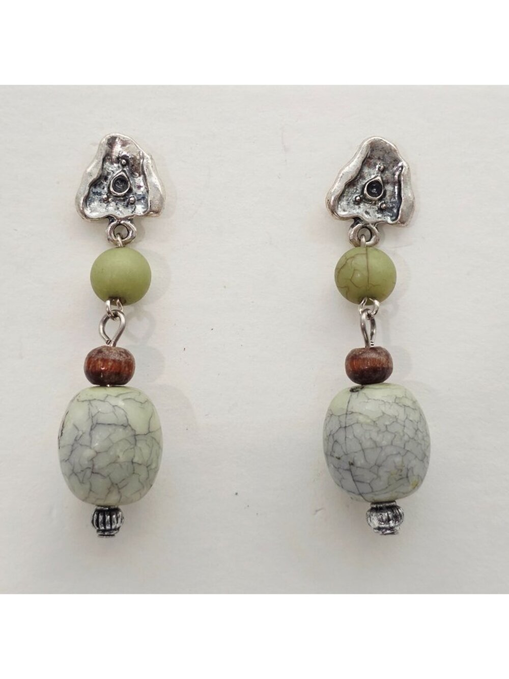 Boho Style Dangle Earrings With Green & Brown Beads And Silver Accents 2"
